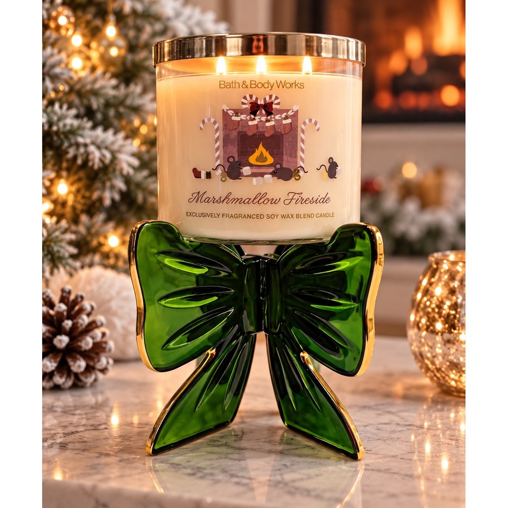 Bath & Body Works Green Glass Bow 3 Wick Candle Holder Gold Christmas Pedestal